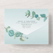 Elegant Blauw Eucalyptus Tak Script Bruiloft All In One Uitnodiging (Achterkant)
