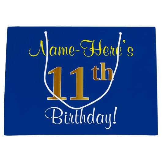 Elegant, blauw, Faux Gold 11th Birthday + naam Groot Cadeauzakje (Voorkant)