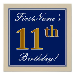 Elegant, blauw, Faux Gold 11th Birthday + naam Perfect Poster