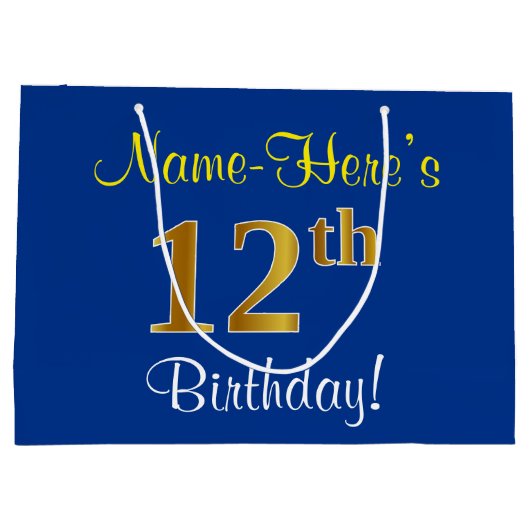 Elegant, blauw, Faux Gold 12th Birthday + naam Groot Cadeauzakje (Achterkant)
