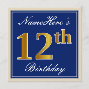 Elegant, blauw, Faux Gold 12th Birthday + naam Kaart
