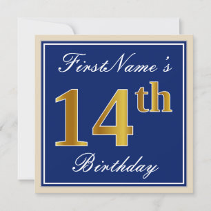 Elegant, blauw, Faux Gold 14th Birthday + naam Kaart