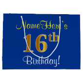 Elegant, blauw, Faux Gold 16e verjaardag + naam Groot Cadeauzakje (Achterkant)