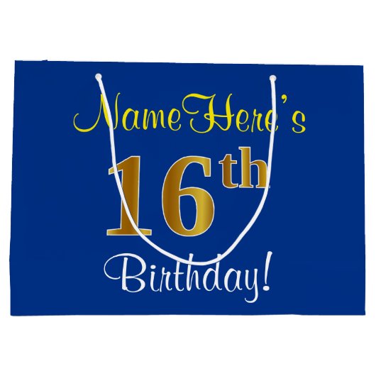 Elegant, blauw, Faux Gold 16e verjaardag + naam Groot Cadeauzakje (Achterkant)