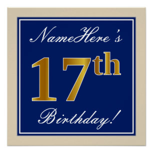 Elegant, blauw, Faux Gold 17th Birthday + naam Perfect Poster