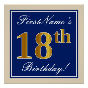 Elegant, blauw, Faux Gold 18th Birthday + naam Perfect Poster