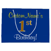 Elegant, blauw, Faux Gold 1st Birthday; aangepaste Groot Cadeauzakje (Achterkant)