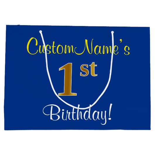 Elegant, blauw, Faux Gold 1st Birthday; aangepaste Groot Cadeauzakje (Achterkant)