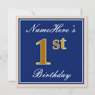 Elegant, blauw, Faux Gold 1st Birthday; aangepaste Kaart