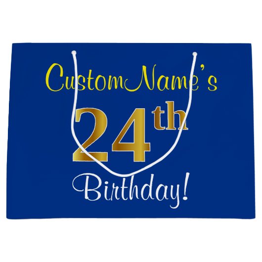 Elegant, blauw, Faux Gold 24th Birthday + naam Groot Cadeauzakje (Voorkant)