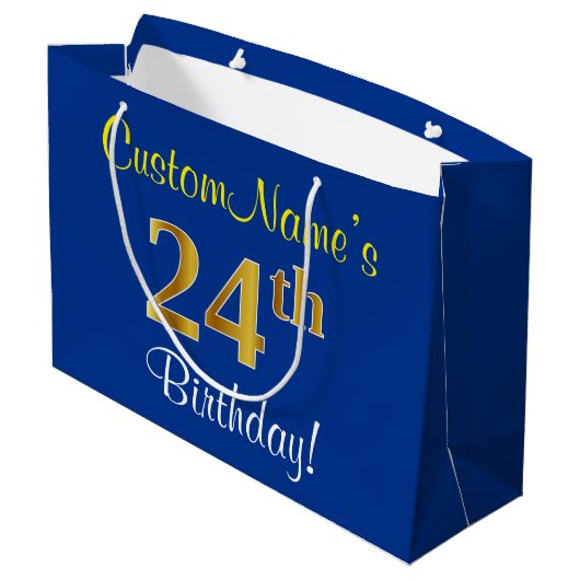 Elegant, blauw, Faux Gold 24th Birthday + naam Groot Cadeauzakje (Achterkant Gekanteld)