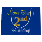 Elegant, blauw, Faux Gold 2e verjaardag; aangepast Large Cadeauzakje (Voorkant)