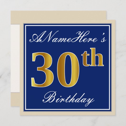 Elegant, blauw, Faux Gold 30th Birthday + naam Kaart (Voorkant / Achterkant)