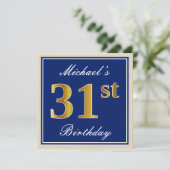 Elegant, blauw, Faux Gold 31st Birthday + naam Kaart (Staand voorkant)