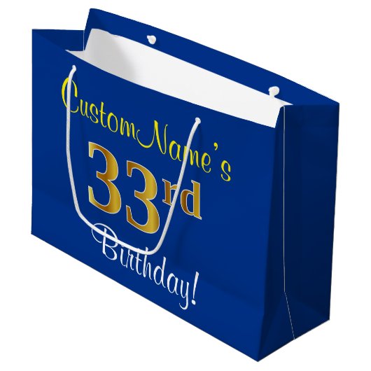 Elegant, blauw, Faux Gold 33rd Birthday + naam Groot Cadeauzakje (Voorkant Gekanteld)