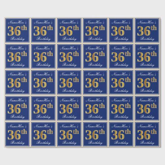 Elegant, blauw, Faux Gold 36th Birthday + naam Cadeaupapier (Vlak)