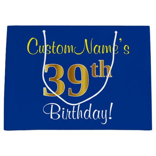 Elegant, blauw, Faux Gold 39th Birthday + naam Groot Cadeauzakje (Voorkant)