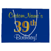 Elegant, blauw, Faux Gold 39th Birthday + naam Groot Cadeauzakje (Achterkant)