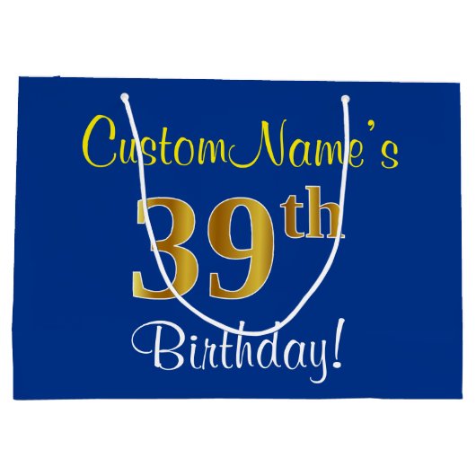 Elegant, blauw, Faux Gold 39th Birthday + naam Groot Cadeauzakje (Achterkant)