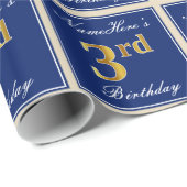 Elegant, blauw, Faux Gold 3rd Birthday; aangepaste Cadeaupapier (Rol Hoek)