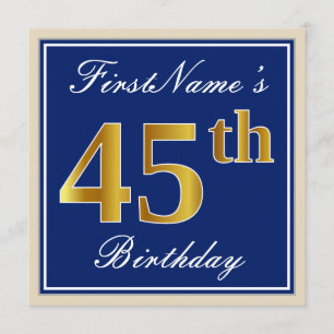 Elegant, blauw, Faux Gold 45th Birthday + naam Kaart