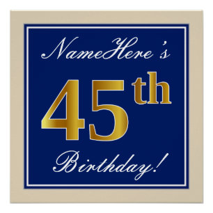 Elegant, blauw, Faux Gold 45th Birthday + naam Perfect Poster