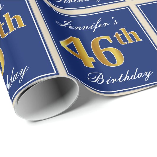 Elegant, blauw, Faux Gold 46th Birthday + naam Cadeaupapier (Rol Hoek)