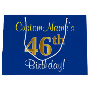Elegant, blauw, Faux Gold 46th Birthday + naam Groot Cadeauzakje