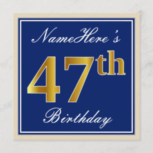 Elegant, blauw, Faux Gold 47th Birthday + naam Kaart