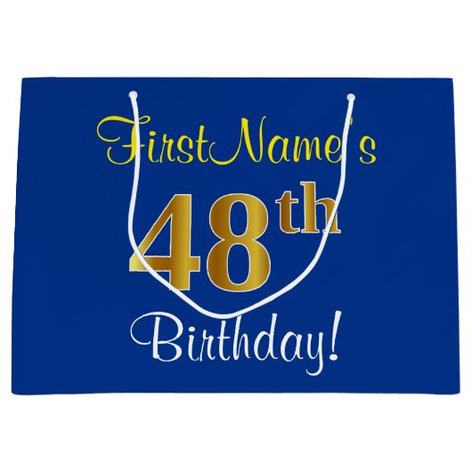 Elegant, blauw, Faux Gold 48th Birthday + naam Groot Cadeauzakje (Voorkant)