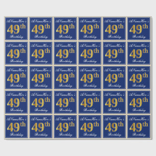 Elegant, blauw, Faux Gold 49th Birthday + naam Cadeaupapier