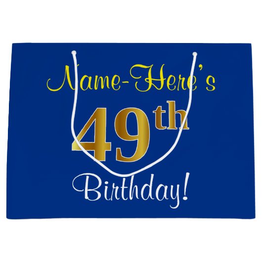 Elegant, blauw, Faux Gold 49th Birthday + naam Groot Cadeauzakje (Voorkant)