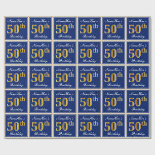Elegant, blauw, Faux Gold 50th Birthday + naam Cadeaupapier