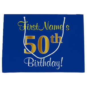 Elegant, blauw, Faux Gold 50th Birthday + naam Groot Cadeauzakje