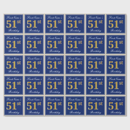 Elegant, blauw, Faux Gold 51st Birthday + naam Cadeaupapier (Vlak)