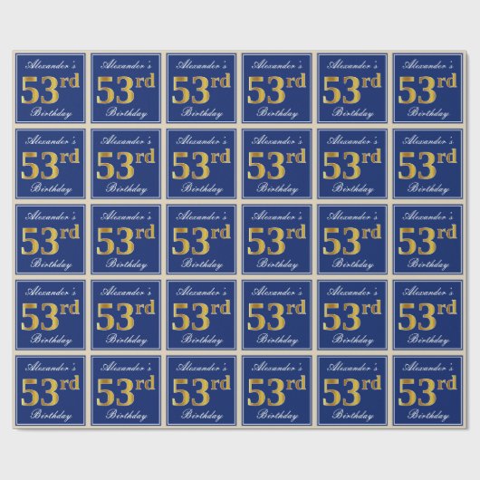 Elegant, blauw, Faux Gold 53rd Birthday + naam Cadeaupapier (Vlak)