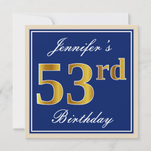 Elegant, blauw, Faux Gold 53rd Birthday + naam Kaart