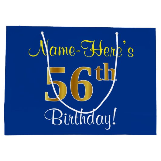 Elegant, blauw, Faux Gold 56th Birthday + naam Groot Cadeauzakje (Achterkant)