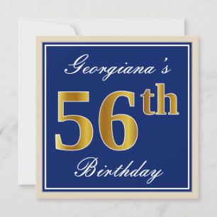 Elegant, blauw, Faux Gold 56th Birthday + naam Kaart