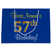 Elegant, blauw, Faux Gold 57th Birthday + naam Groot Cadeauzakje (Voorkant)