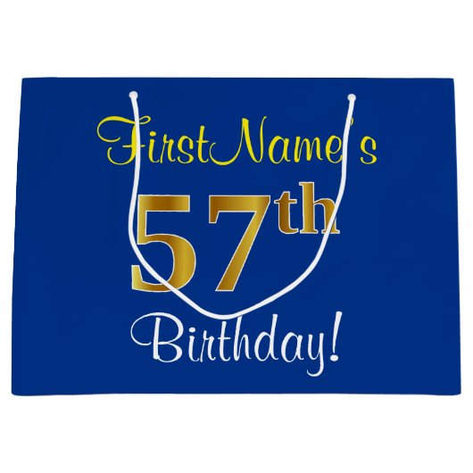 Elegant, blauw, Faux Gold 57th Birthday + naam Groot Cadeauzakje (Voorkant)
