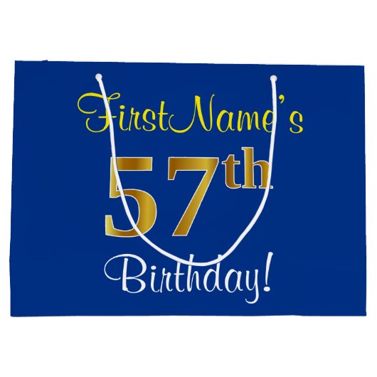Elegant, blauw, Faux Gold 57th Birthday + naam Groot Cadeauzakje (Achterkant)