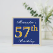 Elegant, blauw, Faux Gold 57th Birthday + naam Kaart (Staand voorkant)