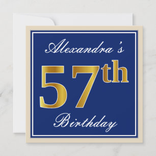 Elegant, blauw, Faux Gold 57th Birthday + naam Kaart