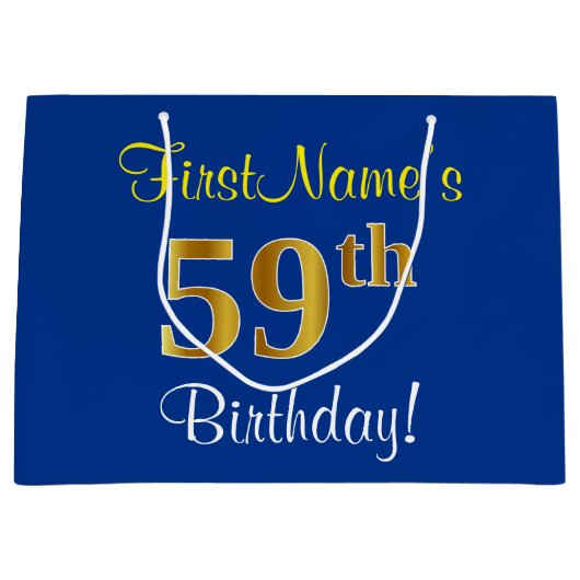 Elegant, blauw, Faux Gold 59th Birthday + naam Groot Cadeauzakje (Voorkant)