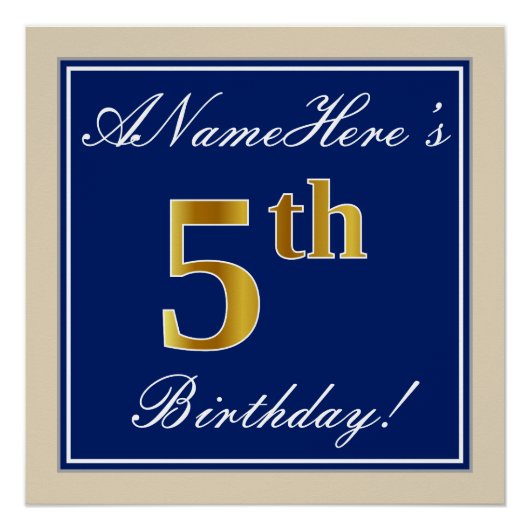 Elegant, blauw, Faux Gold 5th Birthday; aangepaste Perfect Poster (Voorkant)