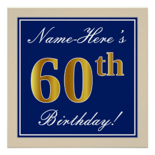 Elegant, blauw, Faux Gold 60th Birthday + naam Perfect Poster