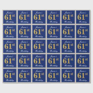 Elegant, blauw, Faux Gold 61st Birthday + naam Cadeaupapier