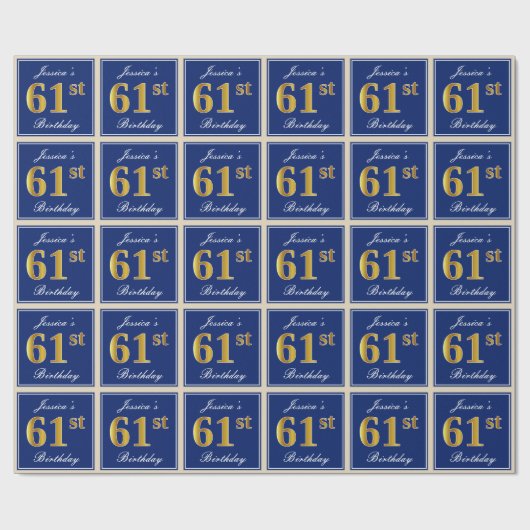 Elegant, blauw, Faux Gold 61st Birthday + naam Cadeaupapier (Vlak)