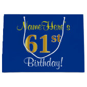 Elegant, blauw, Faux Gold 61st Birthday + naam Groot Cadeauzakje (Voorkant)